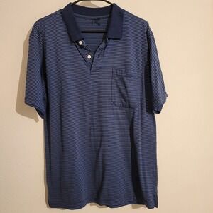 Mens Blue Striped Short Sleeve Polo Shirt Chest Pocket Navy Collar Size L XL